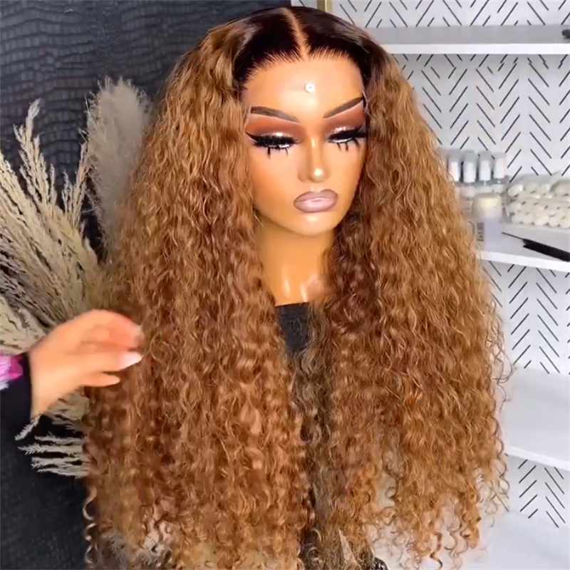 eullair Glueless Ombre Brown Water Wave Human Hair Wig Caramel Brown Highlight Wand Curly Lace Frontal Wig