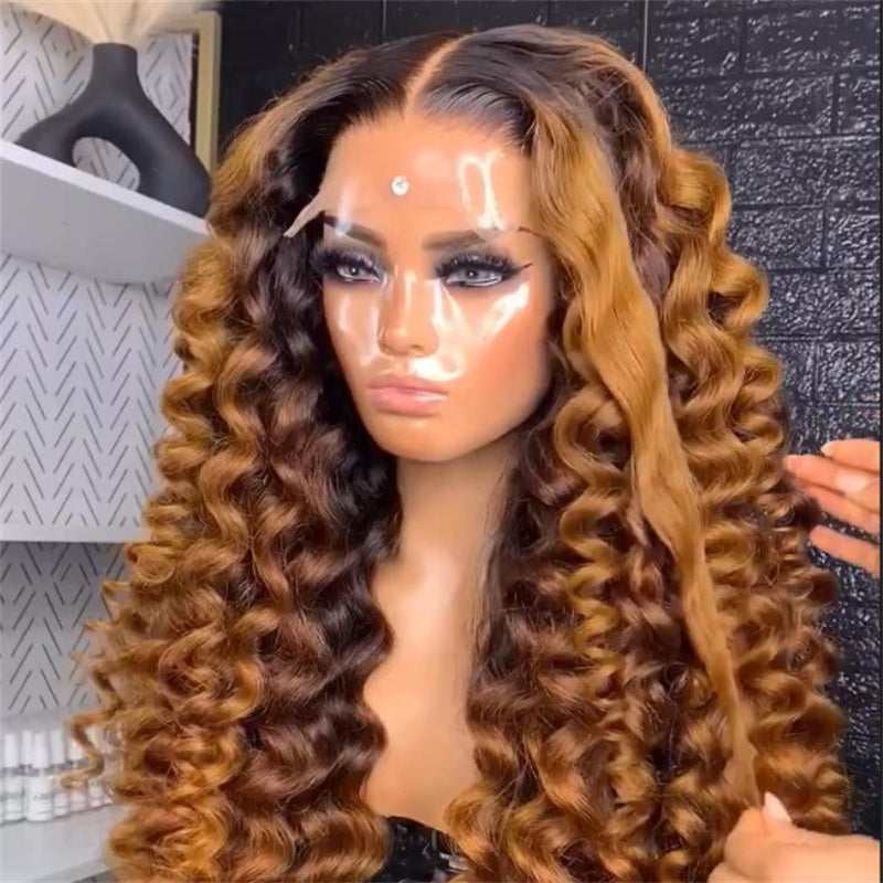 eullair Glueless Ombre Brown Water Wave Human Hair Wig Caramel Brown Highlight Wand Curly Lace Frontal Wig