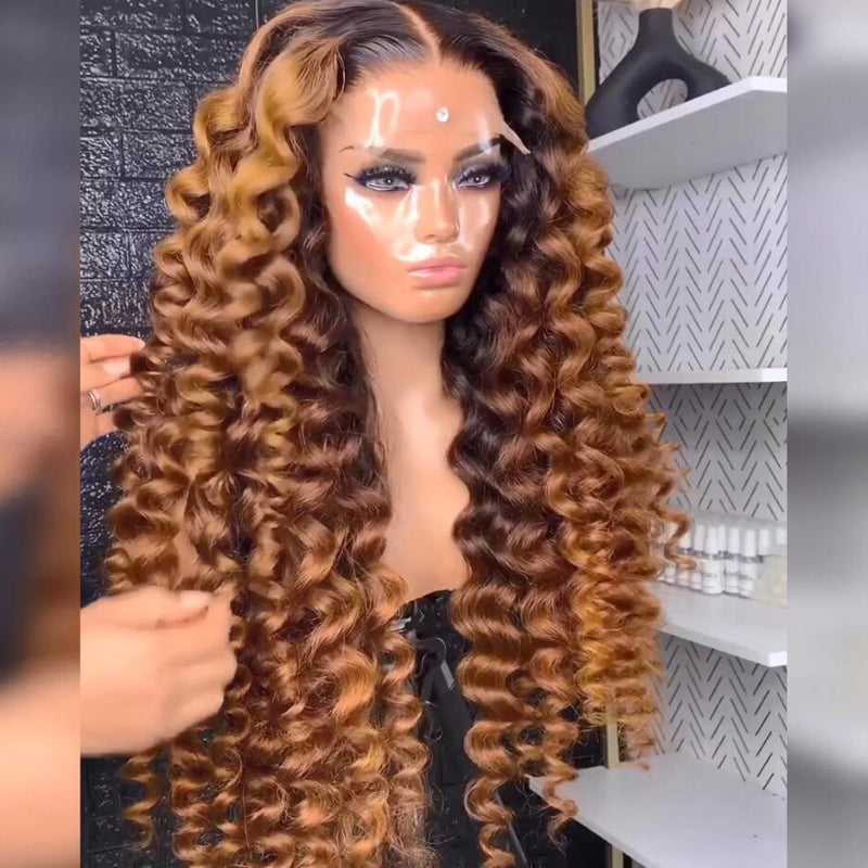 eullair Glueless Ombre Brown Water Wave Human Hair Wig Caramel Brown Highlight Wand Curly Lace Frontal Wig