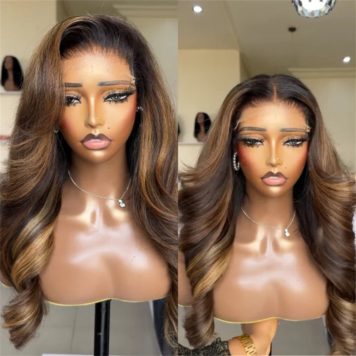 eullair Highlight Blonde Mix Brown Glueless Wig Body Wave Human Hair Lace Frontal Wig For Women