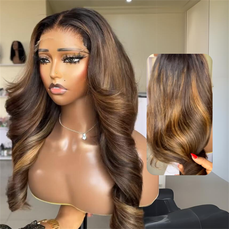 eullair Highlight Blonde Mix Brown Glueless Wig Body Wave Human Hair Lace Frontal Wig For Women