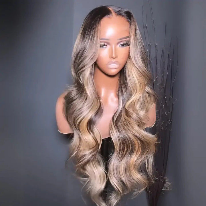 eullair Balayage Highlight Body Wave Glueless Human Hair Wig Blonde With Black Root Colored Lace Frontal Wig