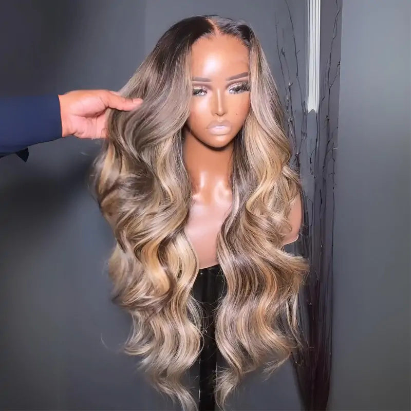 eullair Balayage Highlight Body Wave Glueless Human Hair Wig Blonde With Black Root Colored Lace Frontal Wig