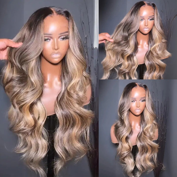 eullair Balayage Highlight Body Wave Glueless Human Hair Wig Blonde With Black Root Colored Lace Frontal Wig