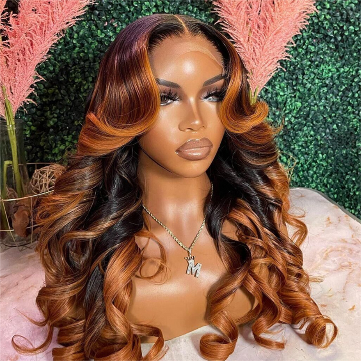 eullair Pre Colored Ombre Ginger Brown Body Wave Glueless Lace Frontal Wig Skunk Stripe Human Hair Wig For Women