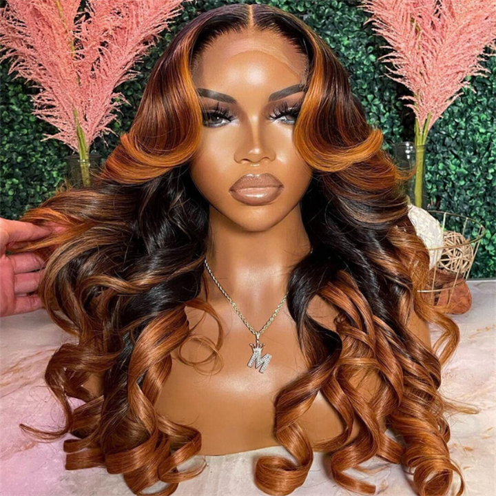 eullair Pre Colored Ombre Ginger Brown Body Wave Glueless Lace Frontal Wig Skunk Stripe Human Hair Wig For Women