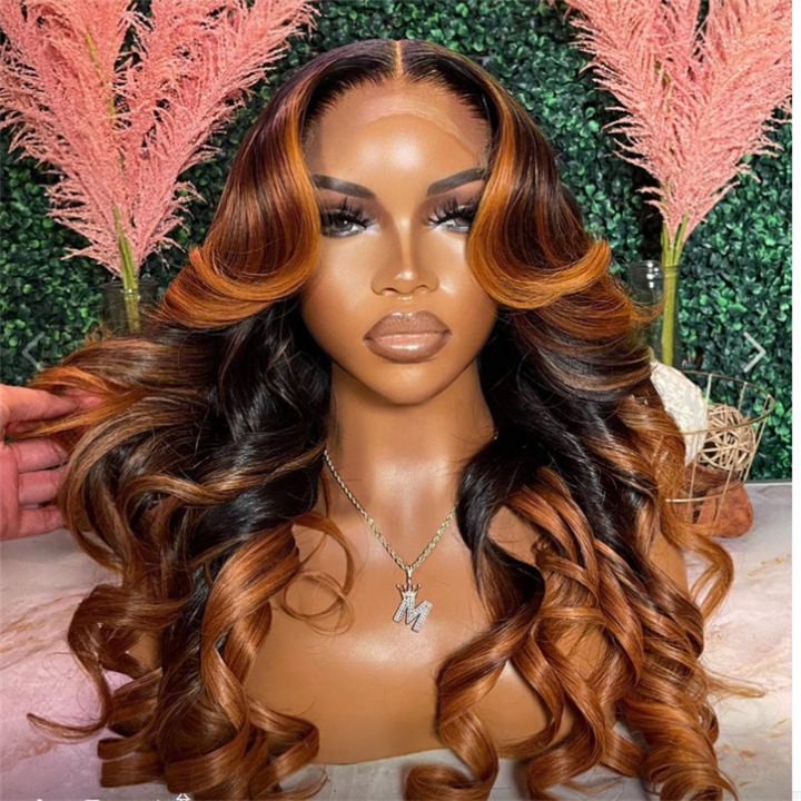 eullair Pre Colored Ombre Ginger Brown Body Wave Glueless Lace Frontal Wig Skunk Stripe Human Hair Wig For Women