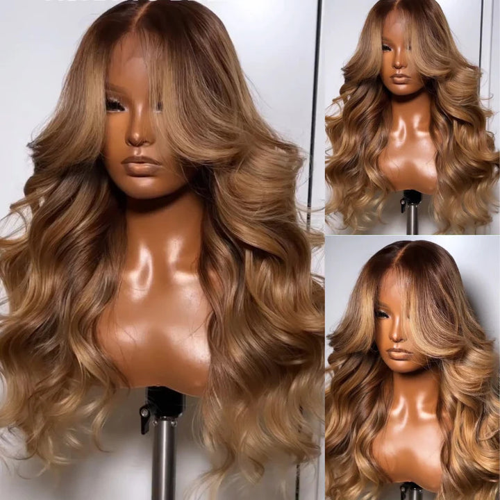 eullair Highlights Brown with Blonde Human Hair Lace Frontal Wig Glueless Body Wave Wig With Curtain Bangs For Black Women