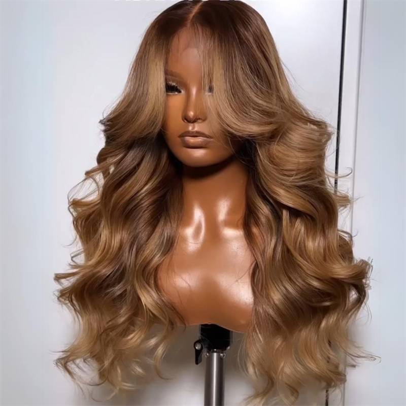 eullair Highlights Brown with Blonde Human Hair Lace Frontal Wig Glueless Body Wave Wig With Curtain Bangs For Black Women