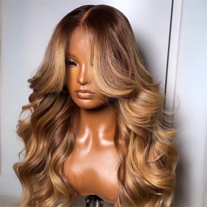 eullair Highlights Brown with Blonde Human Hair Lace Frontal Wig Glueless Body Wave Wig With Curtain Bangs For Black Women