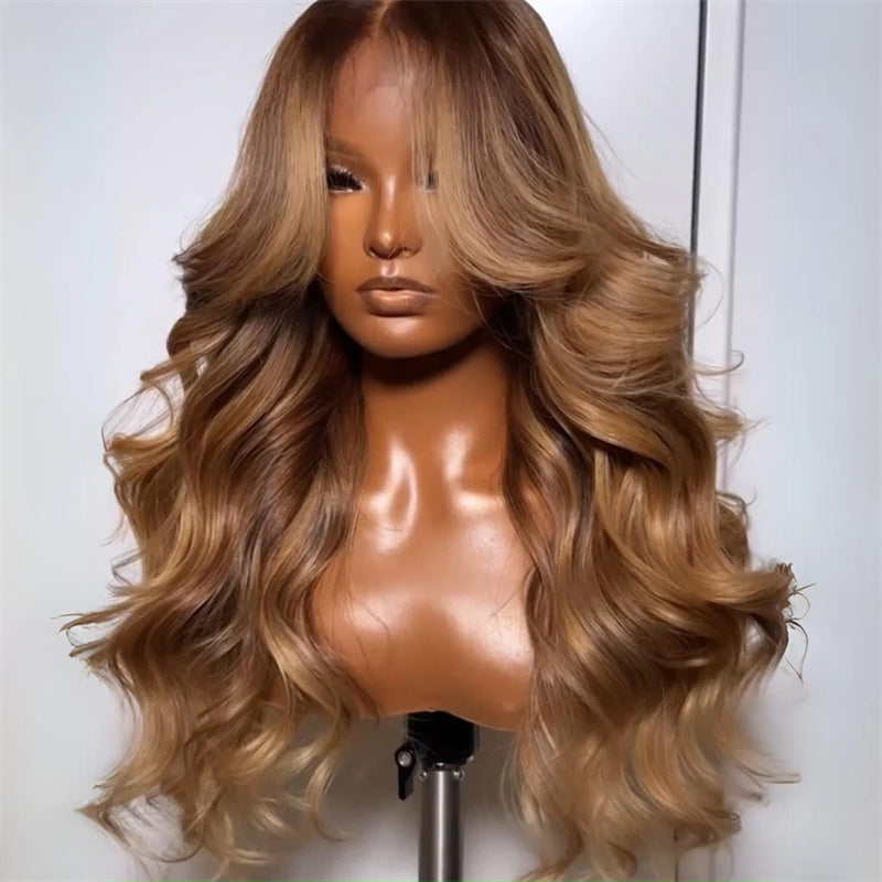 eullair Highlights Brown with Blonde Human Hair Lace Frontal Wig Glueless Body Wave Wig With Curtain Bangs For Black Women