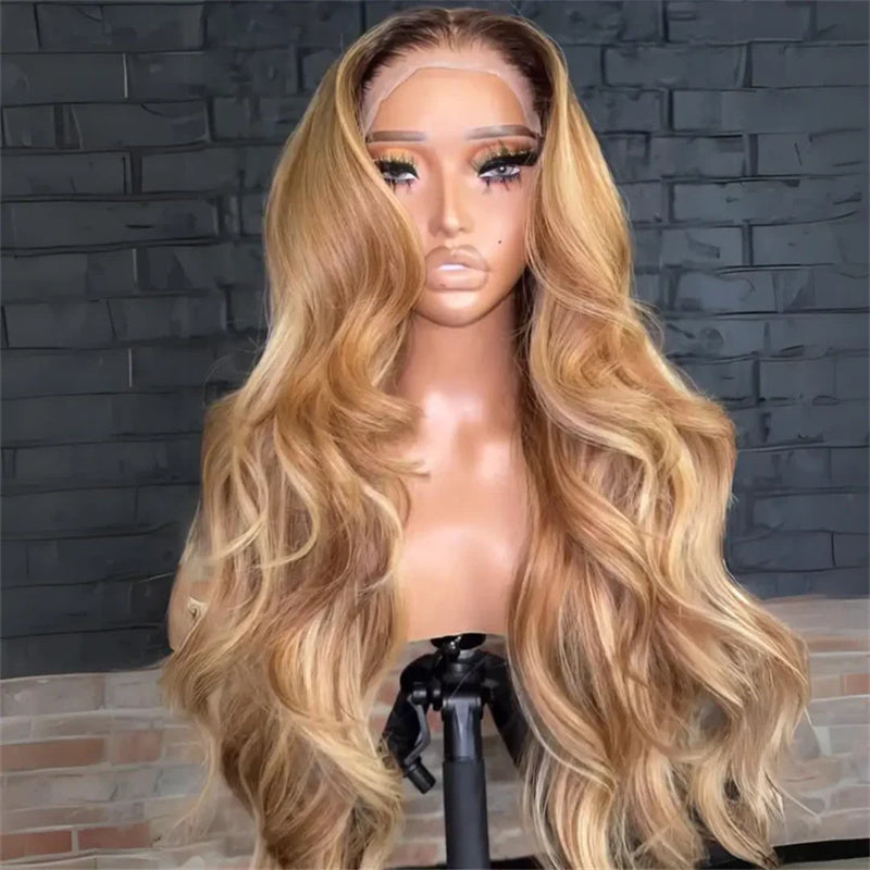 eullair Honey Blonde Highlight Body Wave Curtain Bangs Wig Dark Roots Glueless Human Hair Lace Frontal Wig