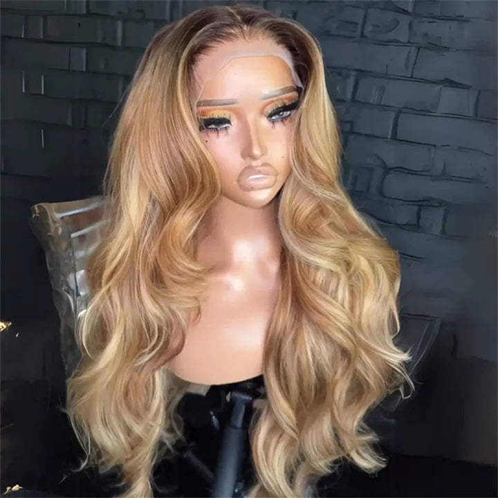 eullair Honey Blonde Highlight Body Wave Curtain Bangs Wig Dark Roots Glueless Human Hair Lace Frontal Wig