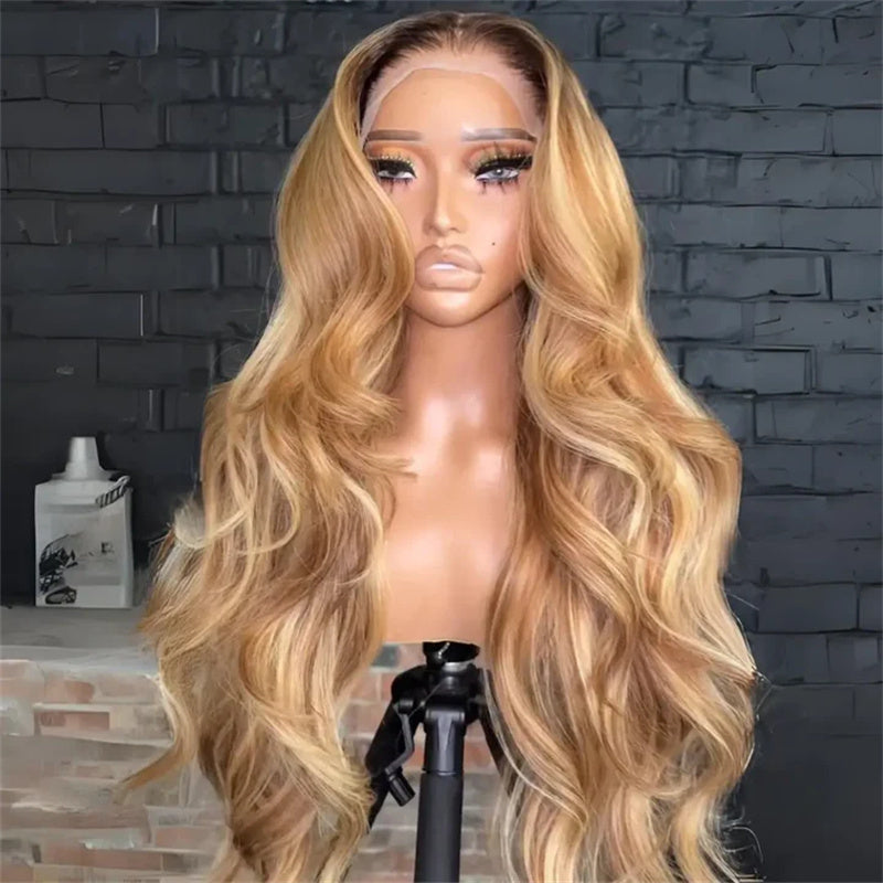 eullair Honey Blonde Highlight Body Wave Curtain Bangs Wig Dark Roots Glueless Human Hair Lace Frontal Wig