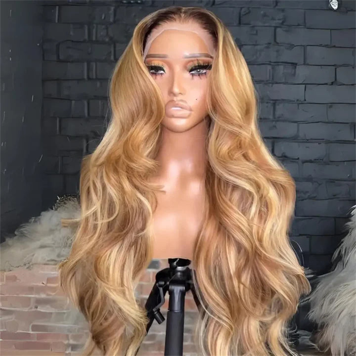 eullair Honey Blonde Highlight Body Wave Curtain Bangs Wig Dark Roots Glueless Human Hair Lace Frontal Wig