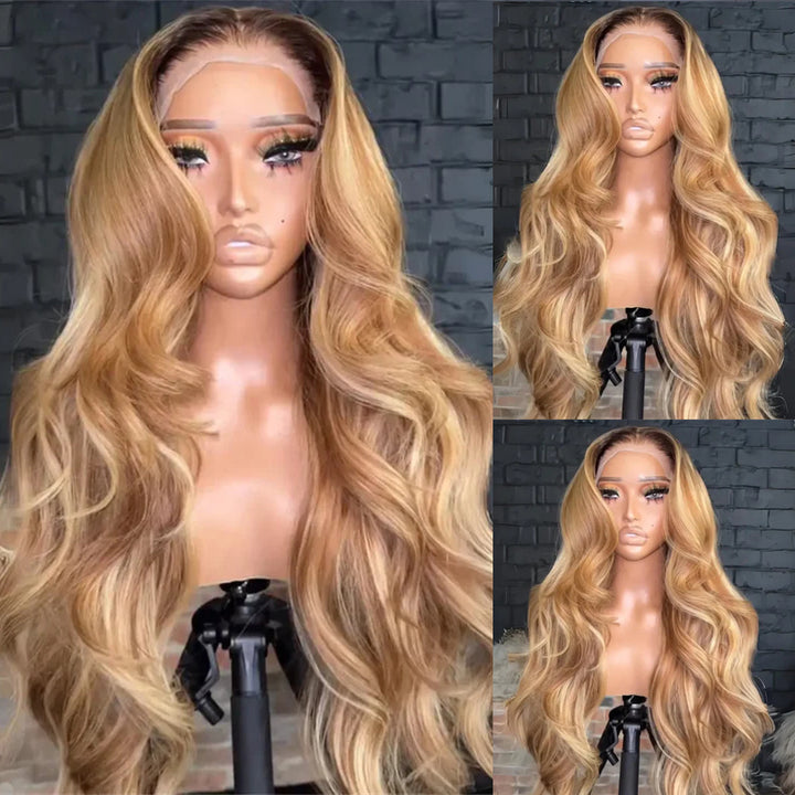 eullair Honey Blonde Highlight Body Wave Curtain Bangs Wig Dark Roots Glueless Human Hair Lace Frontal Wig