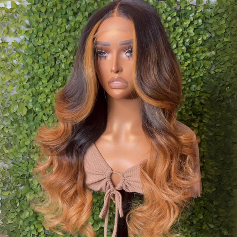 eullair Ombre Brown Highlight Body Wave Curtain Bangs Glueless Human Hair Lace Frontal Wig For Women