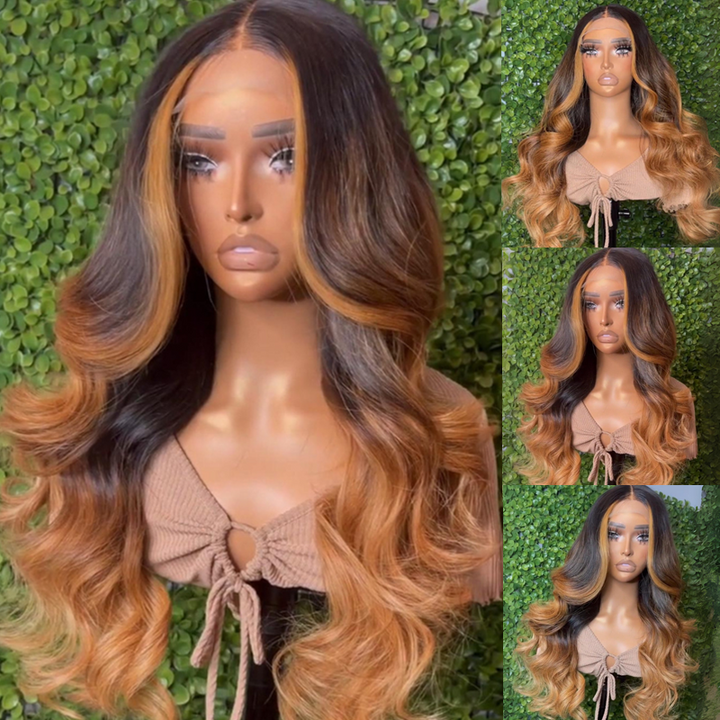 eullair Ombre Brown Highlight Body Wave Curtain Bangs Glueless Human Hair Lace Frontal Wig For Women