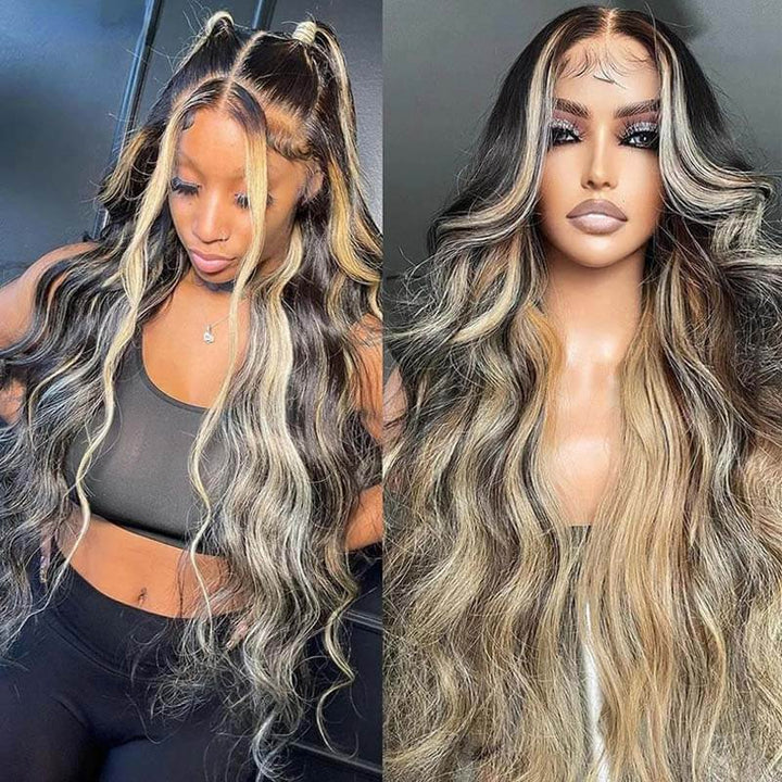 eullair Inner Brown With Ash Blonde Highlight Body Wave Human Hair Wig Blonde Lace Frontal Wig For Women