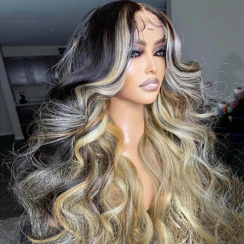 eullair Inner Brown With Ash Blonde Highlight Body Wave Human Hair Wig Blonde Lace Frontal Wig For Women