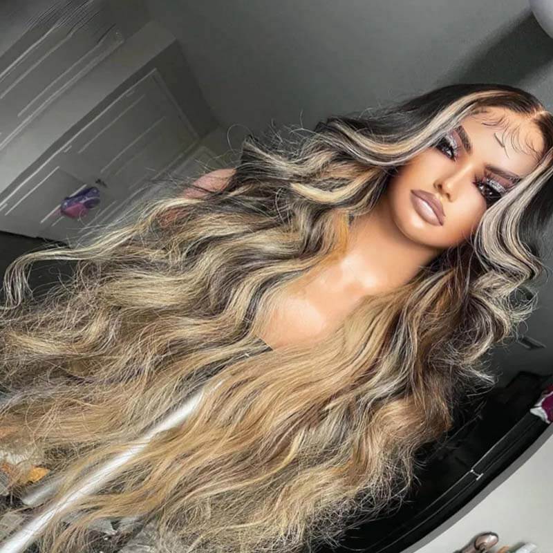 eullair Inner Brown With Ash Blonde Highlight Body Wave Human Hair Wig Blonde Lace Frontal Wig For Women