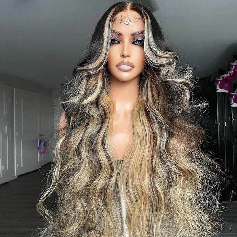 eullair Inner Brown With Ash Blonde Highlight Body Wave Human Hair Wig Blonde Lace Frontal Wig For Women