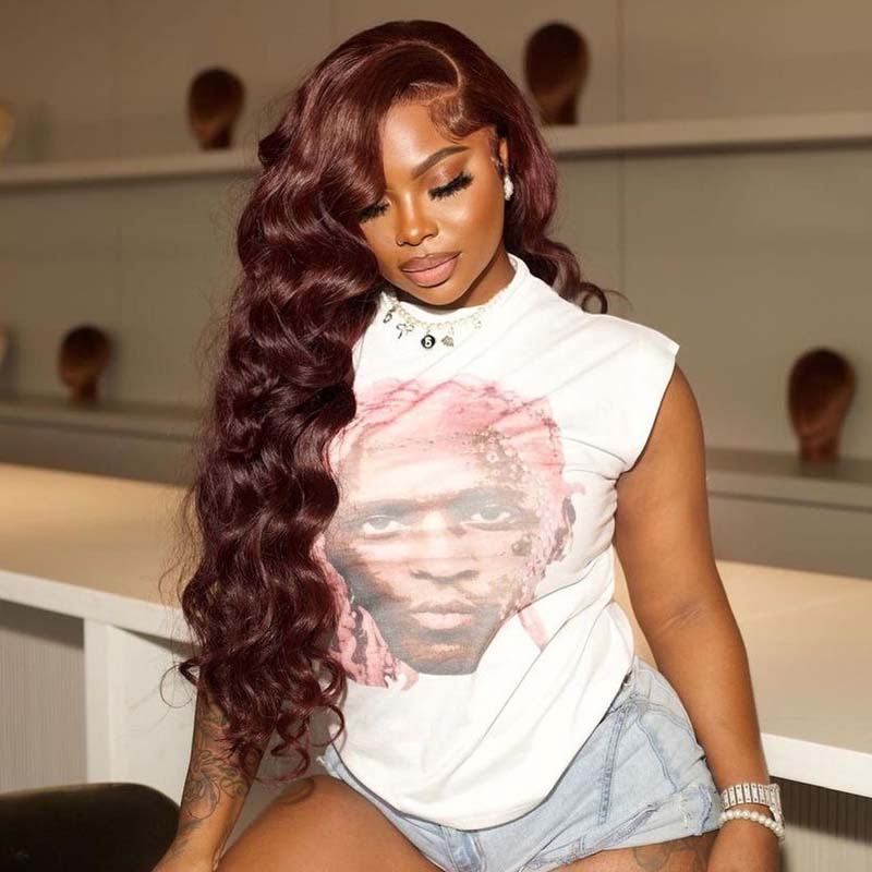 eullair Dark Burgundy Body Wave Wavy Lace Frontal Wig Affordable Auburn Brown Glueless Human Hair Wig