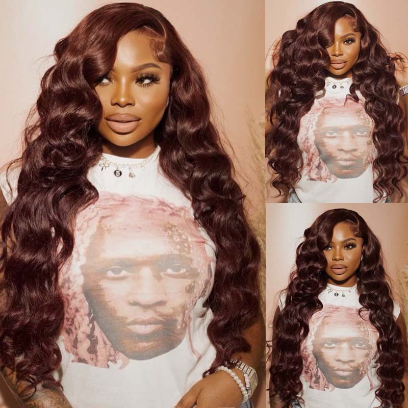 eullair Dark Burgundy Body Wave Wavy Lace Frontal Wig Affordable Auburn Brown Glueless Human Hair Wig