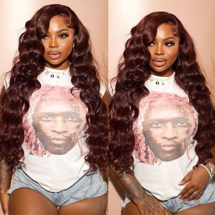 eullair Dark Burgundy Body Wave Wavy Lace Frontal Wig Affordable Auburn Brown Glueless Human Hair Wig