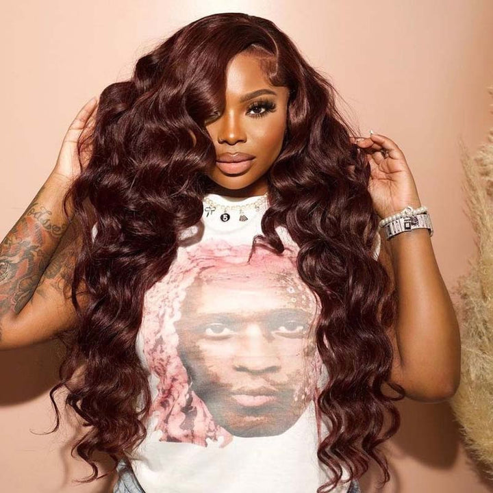 eullair Dark Burgundy Body Wave Wavy Lace Frontal Wig Affordable Auburn Brown Glueless Human Hair Wig