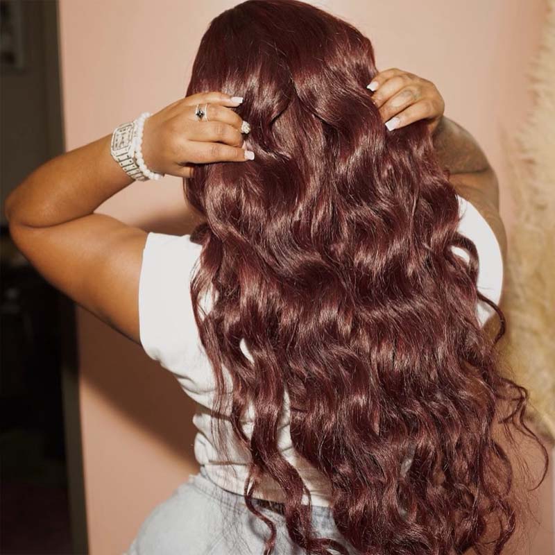 eullair Dark Burgundy Body Wave Wavy Lace Frontal Wig Affordable Auburn Brown Glueless Human Hair Wig