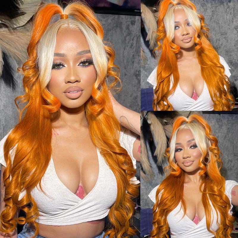 eullair Pre Colored Two Tones Ombre Blonde Ginger Body Wave  Human Hair Lace Frontal Wig For Black Women