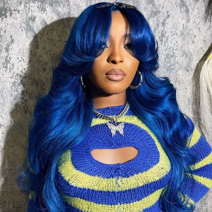 eullair Blue Body Wave Wavy with Layered Curtain Bangs Wig Blue Straight Human Hair Glueless Lace Frontal Wig