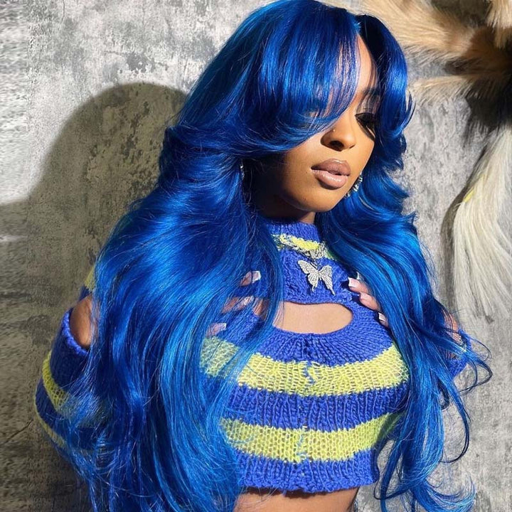 eullair Blue Body Wave Wavy with Layered Curtain Bangs Wig Blue Straight Human Hair Glueless Lace Frontal Wig