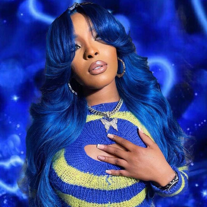 eullair Blue Body Wave Wavy with Layered Curtain Bangs Wig Blue Straight Human Hair Glueless Lace Frontal Wig