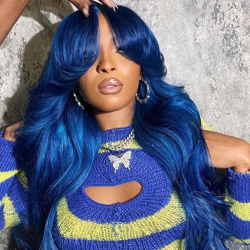 eullair Blue Body Wave Wavy with Layered Curtain Bangs Wig Blue Straight Human Hair Glueless Lace Frontal Wig