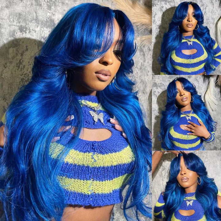 eullair Blue Body Wave Wavy with Layered Curtain Bangs Wig Blue Straight Human Hair Glueless Lace Frontal Wig