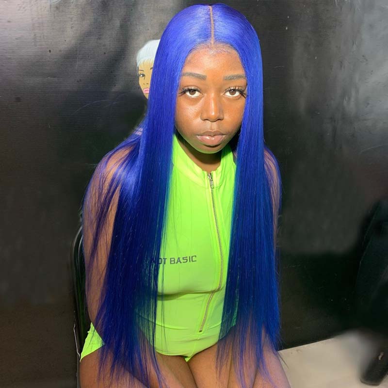 eullair Blue Body Wave Wavy with Layered Curtain Bangs Wig Blue Straight Human Hair Glueless Lace Frontal Wig