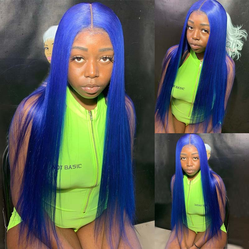 eullair Blue Body Wave Wavy with Layered Curtain Bangs Wig Blue Straight Human Hair Glueless Lace Frontal Wig