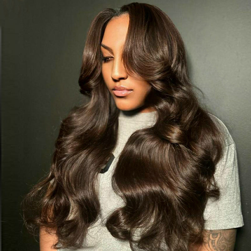 eullair Coco Brown Body Wave with Layered Cut Curtain Bangs Wig Glueless Colored Human Hair Lace Frontal Wig