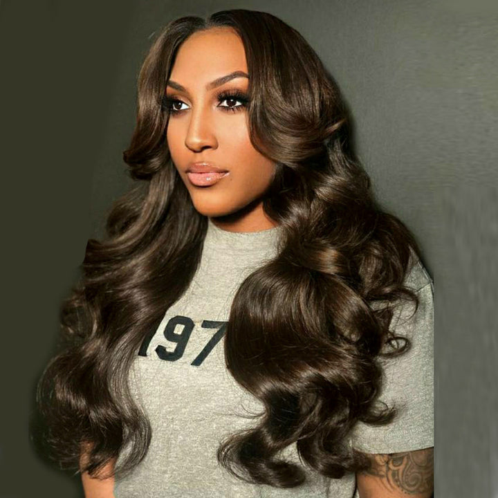 eullair Coco Brown Body Wave with Layered Cut Curtain Bangs Wig Glueless Colored Human Hair Lace Frontal Wig