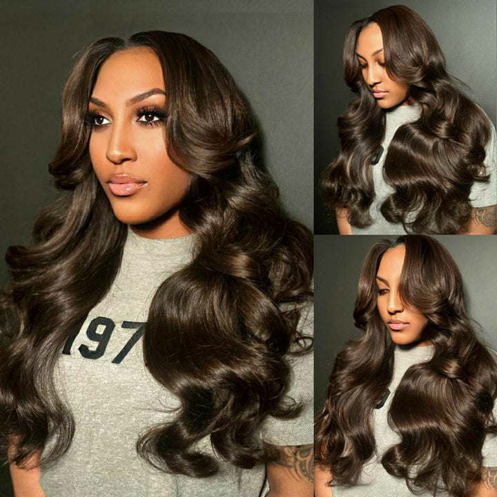 eullair Coco Brown Body Wave with Layered Cut Curtain Bangs Wig Glueless Colored Human Hair Lace Frontal Wig