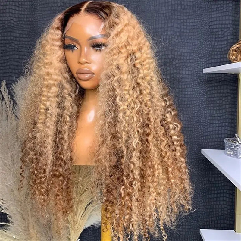 eullair Ombre Honey Blonde Kinky Curly Lace Frontal Wig Highlights Glueless Human Hair Lace Wigs