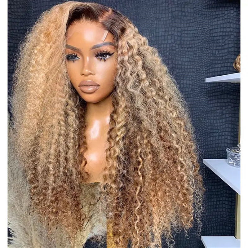 eullair Ombre Honey Blonde Kinky Curly Lace Frontal Wig Highlights Glueless Human Hair Lace Wigs