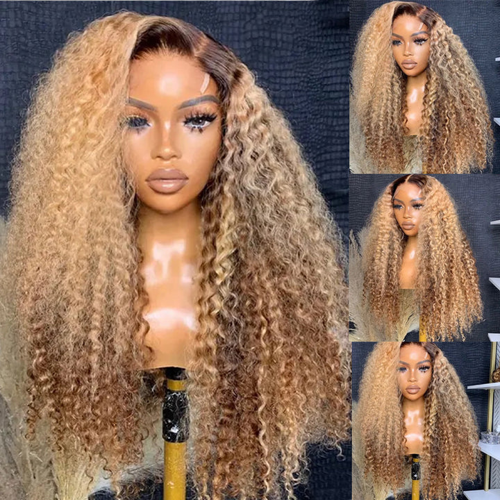 eullair Ombre Honey Blonde Kinky Curly Lace Frontal Wig Highlights Glueless Human Hair Lace Wigs