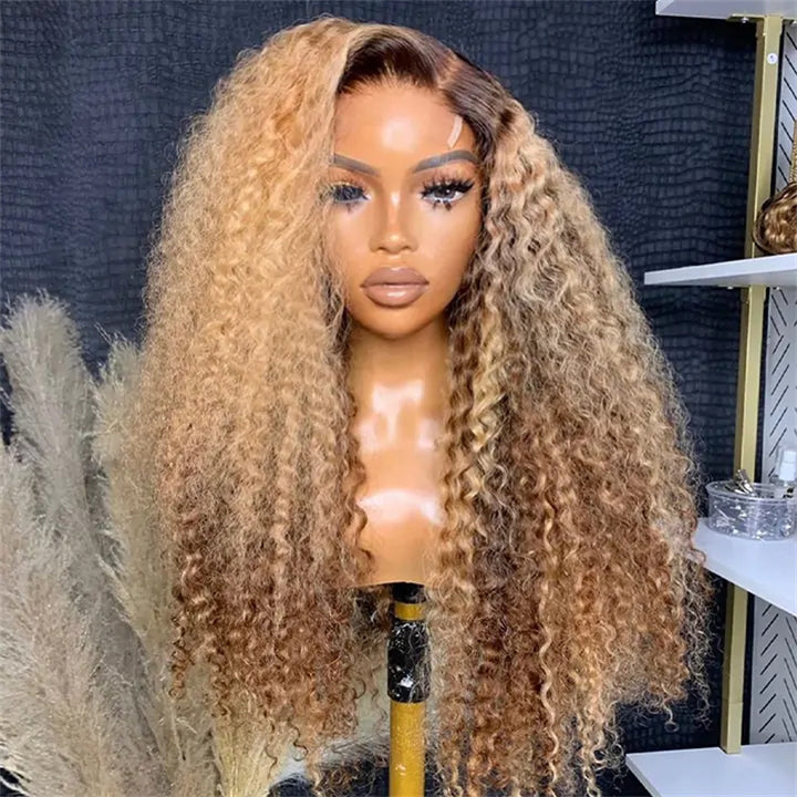 eullair Ombre Honey Blonde Kinky Curly Lace Frontal Wig Highlights Glueless Human Hair Lace Wigs