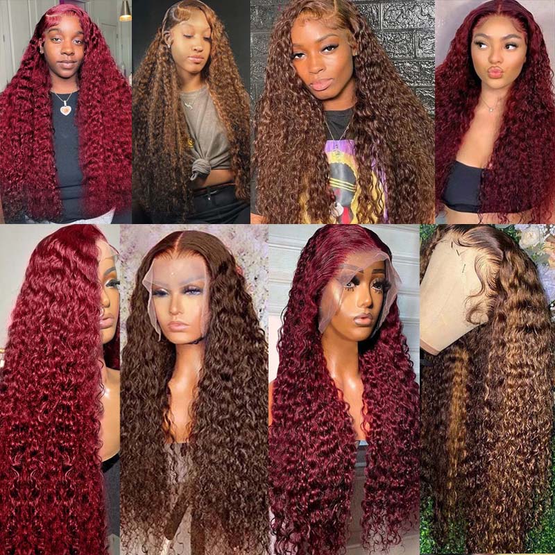 Flash Sale eullair Pre Colored Human Hair Curly Wig Burgundy/ Brown/ Highlight 13x4 Lace Frontal Wig