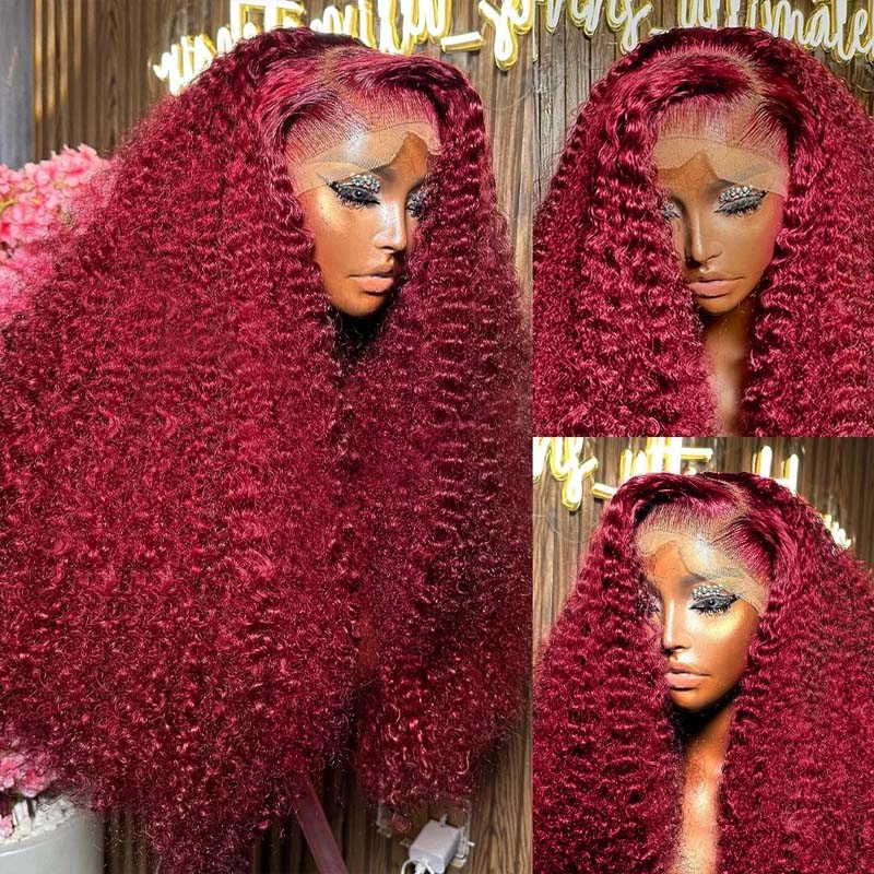 Flash Sale eullair Pre Colored Human Hair Curly Wig Burgundy/ Brown/ Highlight 13x4 Lace Frontal Wig