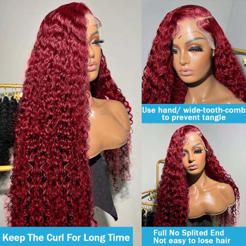 Flash Sale eullair Pre Colored Human Hair Curly Wig Burgundy/ Brown/ Highlight 13x4 Lace Frontal Wig