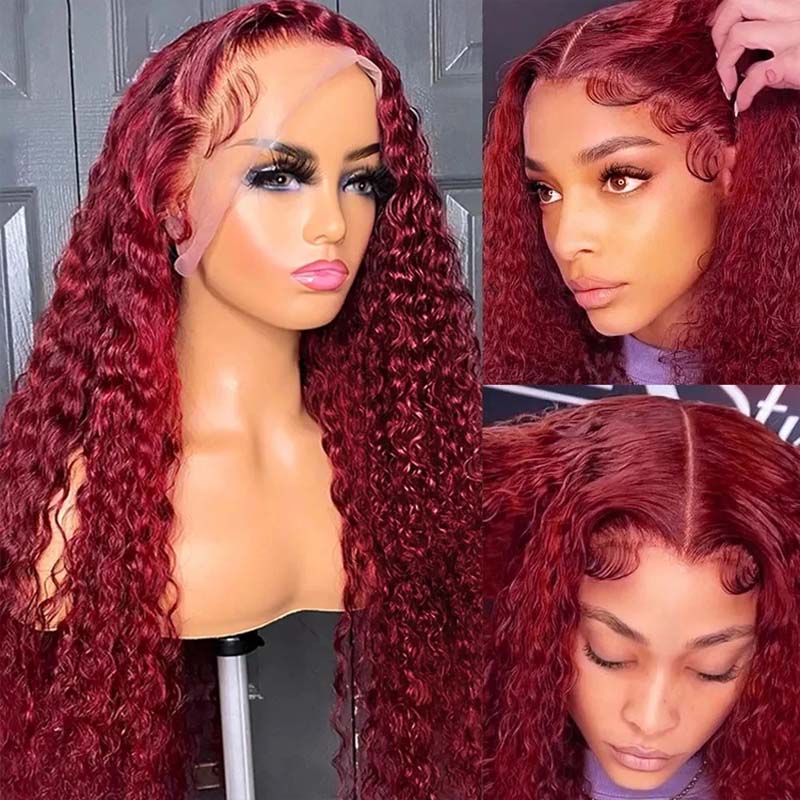 Flash Sale eullair Pre Colored Human Hair Curly Wig Burgundy/ Brown/ Highlight 13x4 Lace Frontal Wig